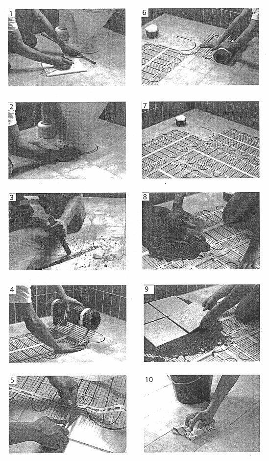Obr. 54 Pracovní postup při instalaci topné rohože pod podlahovou krytinu 1 vyměření, 2 zakreslení zařizovacích předmětů, 3 vysekání drážky pro snímač, 4 až 7 - kladení topné rohože, 8 nanesení