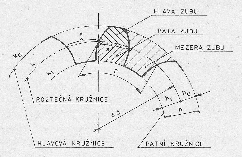 Hlavní rozměry, které u ozubeného kola zjišťujeme, jsou rozteč zubů p, to je vzdálenost dvou stejnolehlých boků sousedních zubů měřená na roztečné kružnici a průměr roztečné kružnice d. Obr.