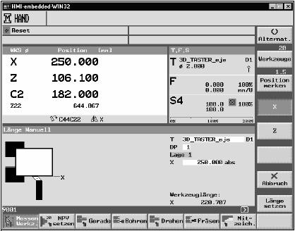 9 11/2006 Práce se dvěma držáky nástroje 9.3 Nástroj:měření 9 na stroji používán. Naprogramované posunutí v ose C o 180 působí pouze na osu C, nikoli na vřetena.