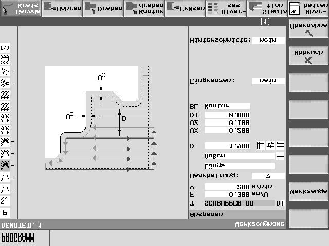 1 11/2006 Úvod 1.3 Uživatelské rozhraní 1 Obrazovka parametrů s pomocným obrázkem Pomocný obrázek v obrazovce parametrů vysvětluje jednotlivé parametry kroku obráběcího postupu.