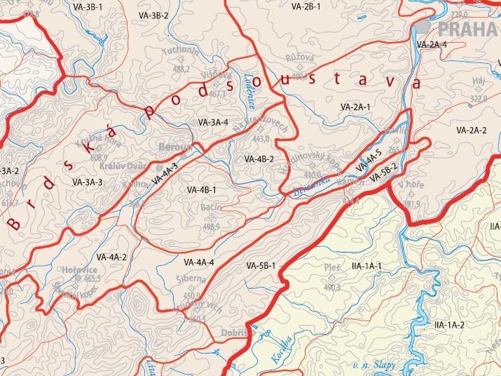 Obr. 2.1. Geomorfologické jednotky od nejvyšších po nejnižší se zájmovým územím VA-5B-1 Studenská vrchovina. VA Brdská podsoustava, VA-5 Brdská vrchovina, VA-5B Hřebeny (Mackovčin et al., 2009).