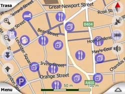 Pokud tyto informace budete během cesty potřebovat, přetažením mapy zakažte funkci Umístění na pozici (Strana 33). Tím se ihned obnoví názvy ulic a ikony důležitých míst.