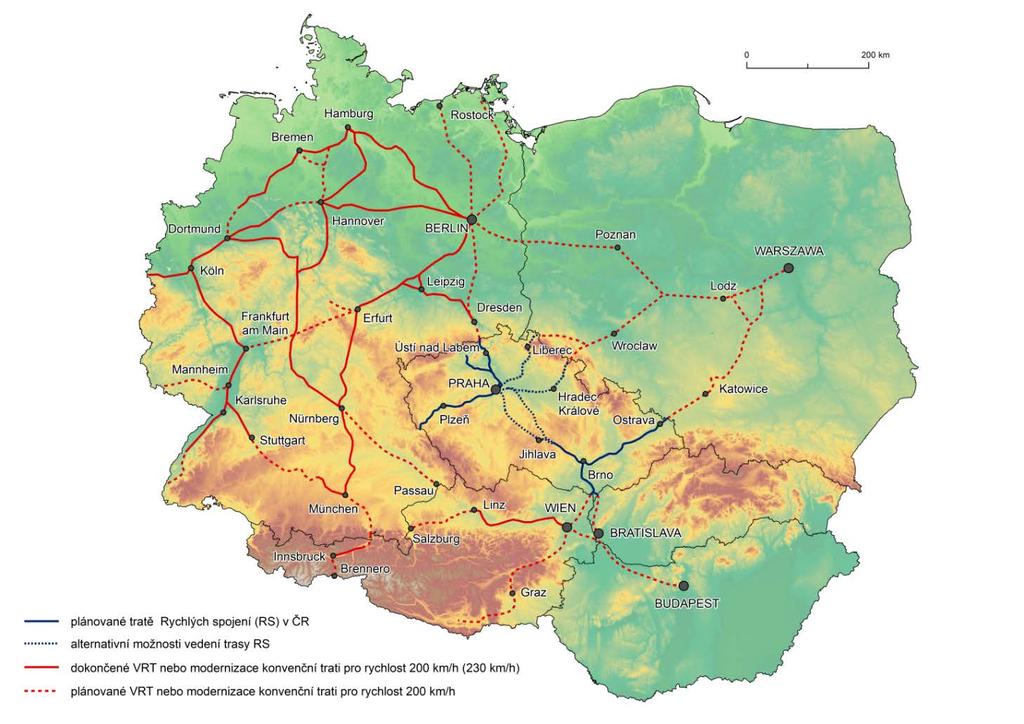 Obrázek 3: Evropské souvislosti VRT (zdroj: archiv SŽDC) RS1 Praha Brno Břeclav/Ostrava Cílem běžící studie proveditelnosti je navrhnout v rámci konceptu Rychlých spojení proveditelné řešení pro