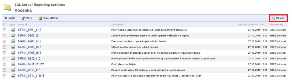 Uživatelská příručka Národní registr ních náhrad Obrázek 25 Tile View Výběrem konkrétní sestavy je možné danou sestavu prohlížet.