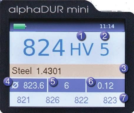 Obsluha alphadur mini je velmi jednoduchá, protože všechny informace jsou zobrazeny na velkém displeji. Měřítko tvrdosti a materiál lze snadno měnit speciálními tlačítky.