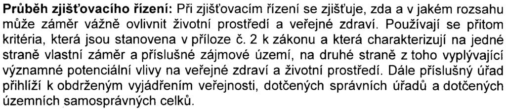 -2- Prùbìh zjiš ovacího øízení: Pøi zjiš ovacím øízení se zjiš uje, zda a v jakém rozsahu mùže zámìr vážnì ovlivnit životní prostøedí a veøejné zdraví.