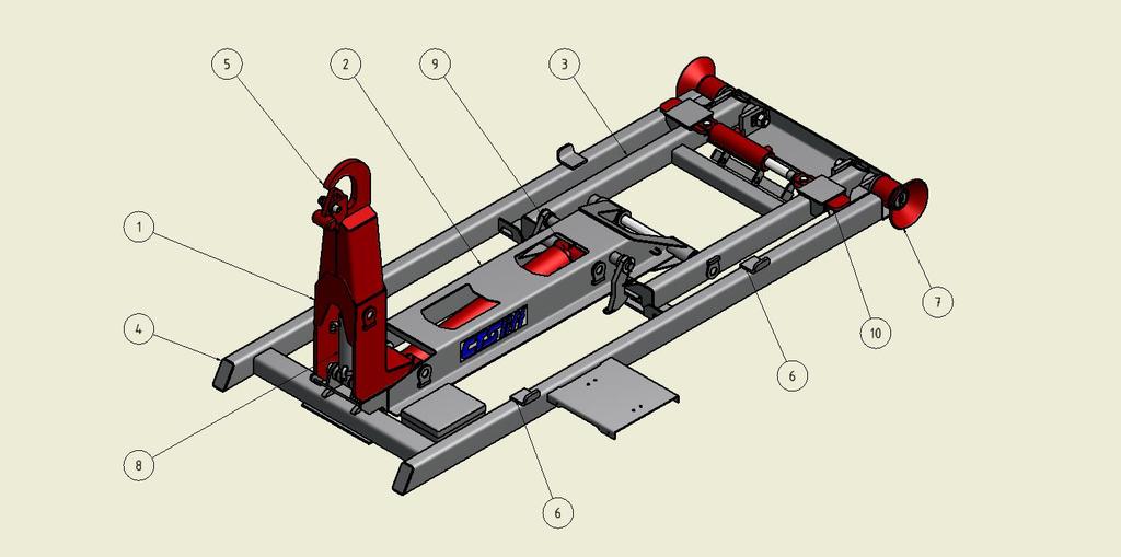 1. Popis mechanismu: 1.1 Celkový pohled: Legenda: Obr. č. 1 1. Přední člen mechanismu 6. Dosedací plochy pro ližiny kontejneru 2. Střední člen mechanismu 7. Vodící kladky 3. Zadní člen mechanismu 8.