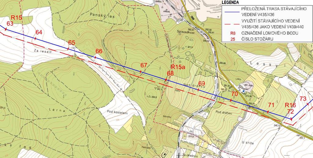 Obrázek č. 2 Úprava trasy vedení v úseku R15 R16 Varianta 1 Tabulka č.