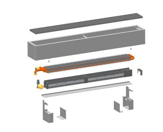 Kompletace konvektorů KORALINE LV 1 Rozklad konvektoru 1 krycí hliníková mřížka 2 8 2 oplechování 3 otopný výměník KORABASE 20 4 ventilátory 3 7 5 podpěra ventilátoru 6 stojánky 4 5 7 připojovací