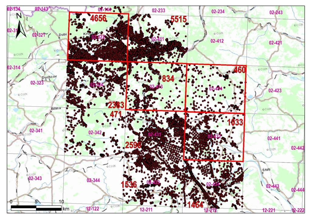 Vrtná dokumentace Bohrungsdokumentation první selekce vrtů (je hotova) rot markierte Bereiche wurden bereits