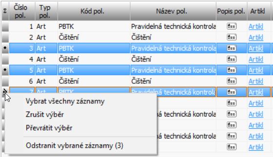 Výběr více záznamů současně Při výběru záznamů k načtení, tisku či odstranění (jak v pomocných tabulkách, tak v seznamu záznamů) lze využít hromadný výběr záznamů.