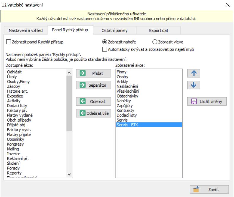 V menu Systém Uživatelské nastavení lze zobrazit dialog pro nastavení všech parametrů a obnovit nastavení jako při prvním spuštění nebo
