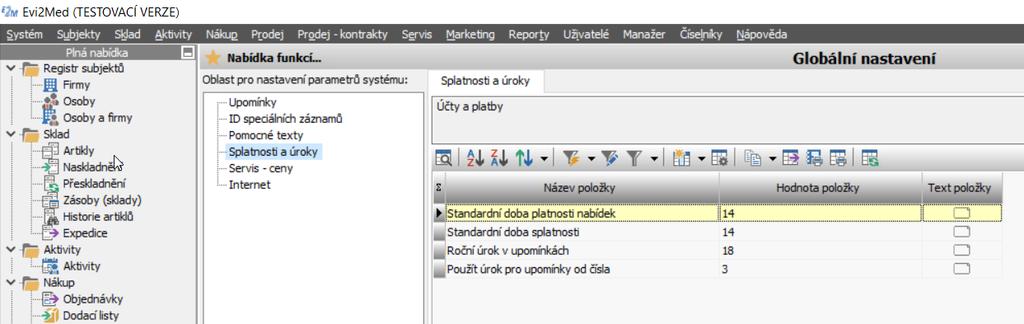 Konfigurace a administrátorské nástroje Tyto akce jsou dostupné jen pro administrátora programu. V menu Systém Globální nastavení lze konfigurovat specifické hodnoty pro různé části programu.