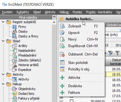 záznam pro editaci Zobrazit (F3) zobrazí detail vybraného záznamu Odstranit (Ctrl+Del) odstranění záznamu, záznam bude odstraněn až po potvrzení a pouze nejsou-li na něj navázány jiné související