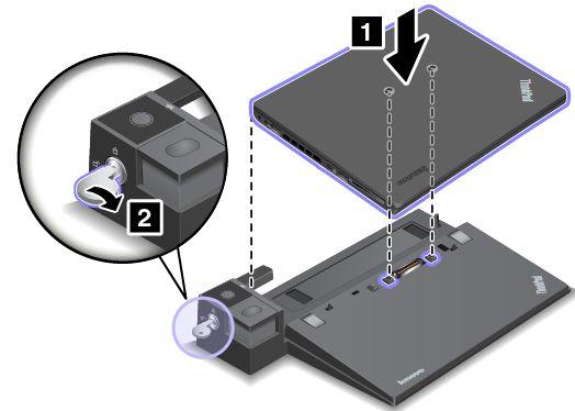 Připojení dokovací stanice ThinkPad Počítač k podporované dokovací stanici ThinkPad připojíte takto: Poznámka: Model ThinkPad Basic Dock nemá zámek systému. 1.