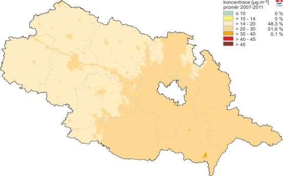 Obrázek 15: Pole průměrné roční koncentrace PM 10, zóna CZ06Z Jihovýchod, rok 2011 Zdroj dat: ČHMÚ Obrázek 16: Pole průměrné roční