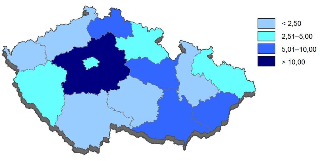 2.2.2 Výdaje na VaV v podnikatelském sektoru v krajích ČR Průměrných hodnot dosahuje Moravskoslezský kraj v rámci výdajů na VaV v podnikatelském sektoru, kde mu patří šesté místo mezi ostatními kraji.