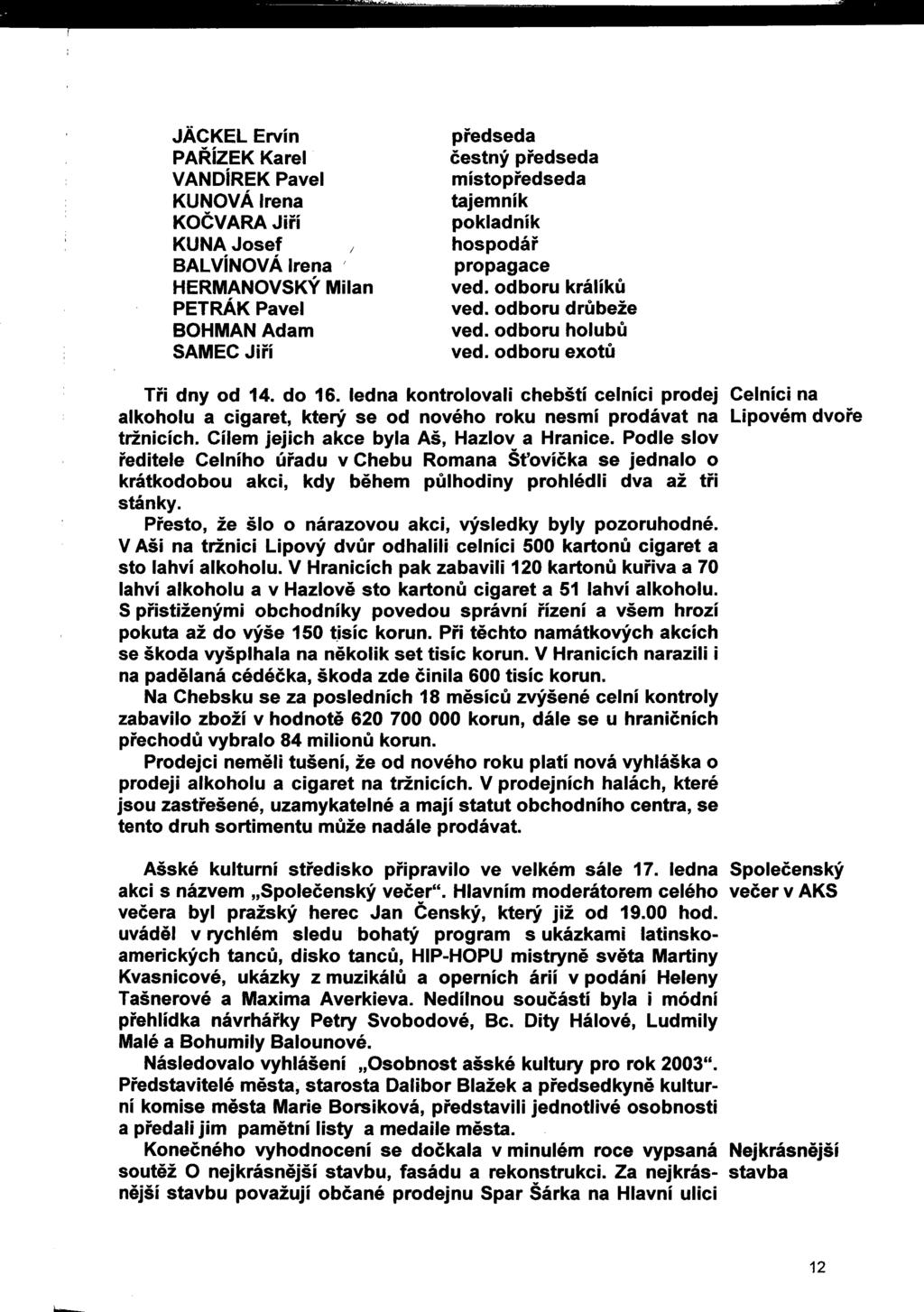 JÁCKEL Ervín PAŘÍZEK Karel VANDÍREK Pavel KUNOVÁ Irena KOČVARA Jiří KUNA Josef BALVÍNOVÁ Irena HERMANOVSKÝ Milan PETRÁK Pavel BOHMAN Adam SAMEC Jiří předseda čestný předseda místopředseda tajemník