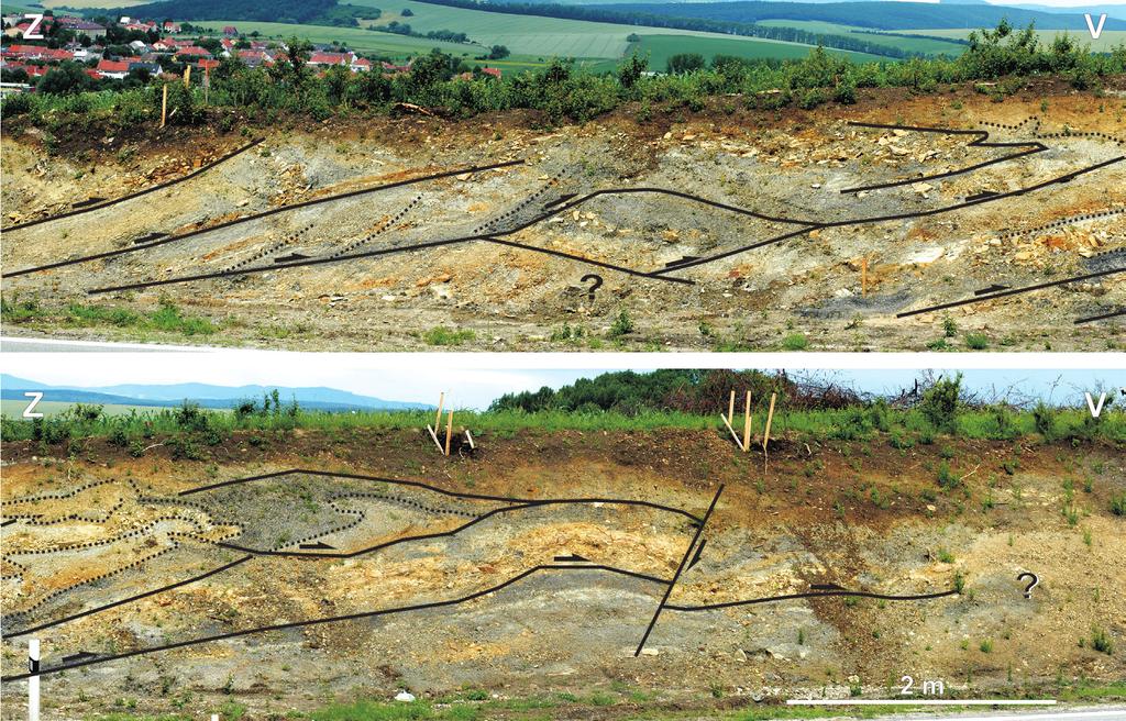 Geol. výzk. Mor. Slez., Brno 2010 Obr. 2a, b: Interpretace struktur v zářezu silnice budoucího obchvatu Bánova navazující panorama. Fig.