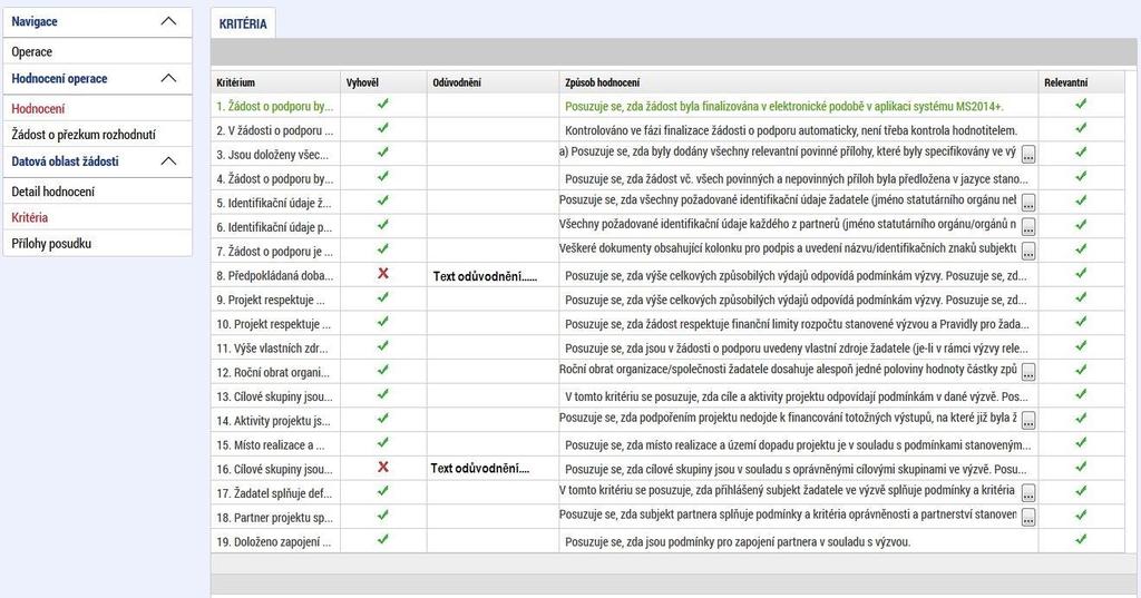 Aplikace zobrazí detail hodnocení. Verdikt lze nalézt v poli s názvem Status. Na záložce kritéria lze zobrazit přehled kritérií a jejich hodnocení.