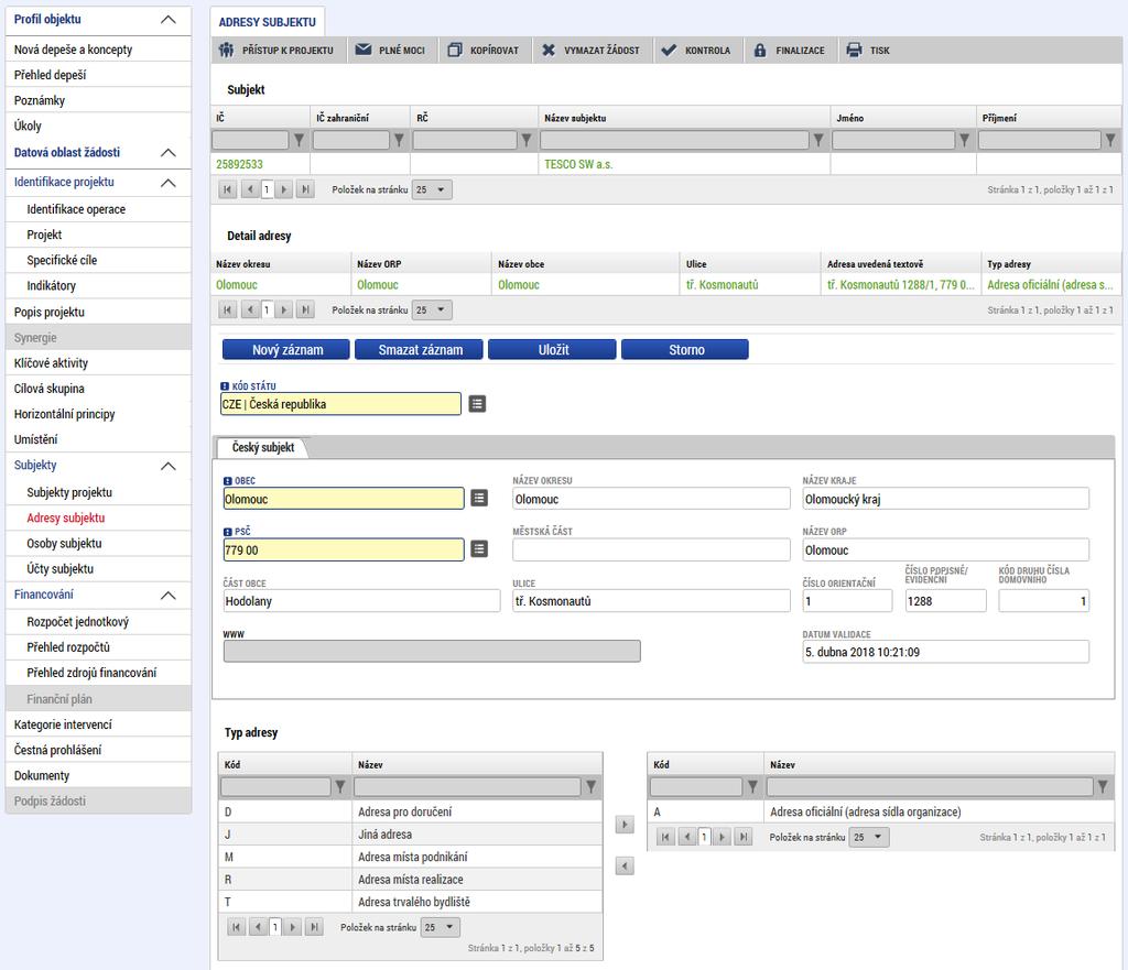 5.12. Záložka Adresy subjektu Po provedení validace na záložce Subjekty