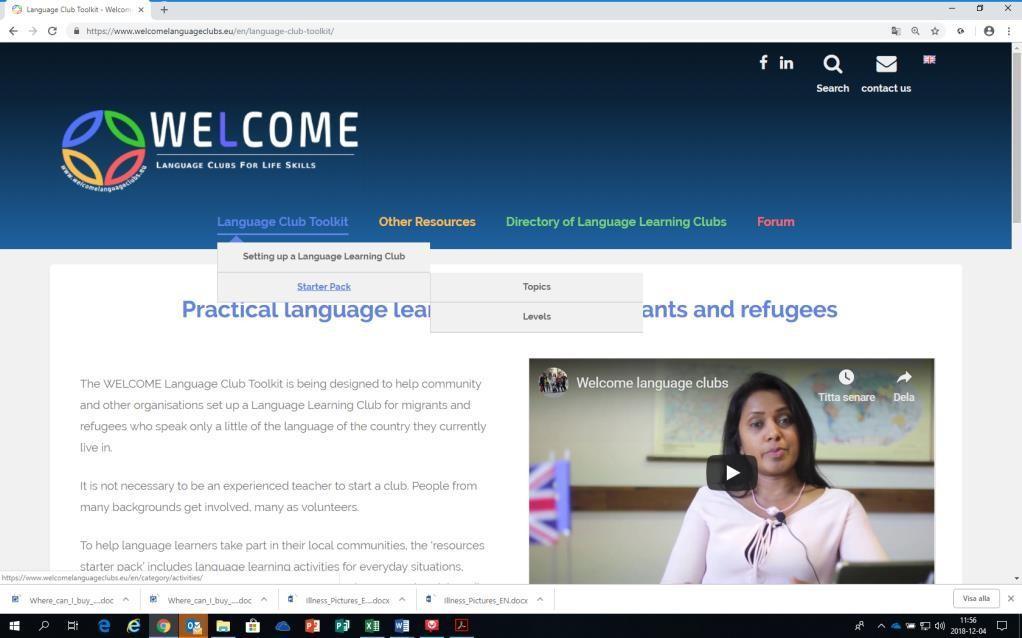 Il progetto Welcome ha sviluppato attività linguistiche in quattro lingue diverse da utilizzare nei club linguistici. Le attività sono raggruppate in 2 categorie: livelli e argomenti.