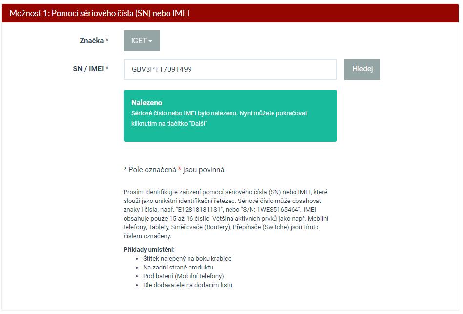 V prvním kroku identifikace zařízení je nutné zvolit možnosti pro rozpoznání reklamovaného zařízení: První možností je identifikace pomocí sériového čísla či IMEI tuto variantu vyberte v