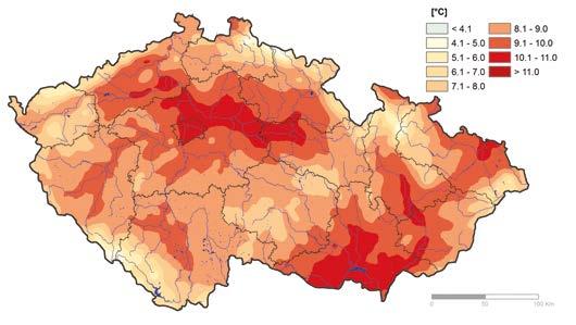 10: Odchylka průměrné teploty vzduchu v roce 2016 od normálu 1961 1990 [ C] Deviation of average air