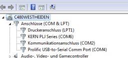 Po kliknutí Porty COM a LPT (Windows 7 Porty (COM a LPT) ) se zobrazí nový virtuální port COM zařízení. Najděte správný zápis s názvem KERN PLJ Series.