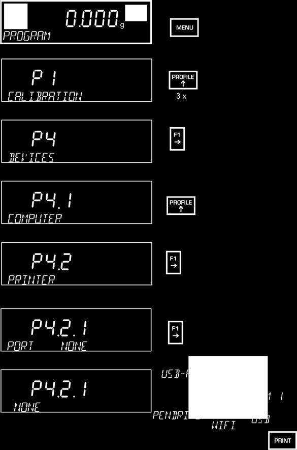 18.2 Zasílání dat po stisknutí tlačítka PRINT <P4.2 Tiskárna> V položce menu <P4.2> vybíráte a konfigurujete rozhraní pro tisk spouštěný stisknutím tlačítka PRINT.