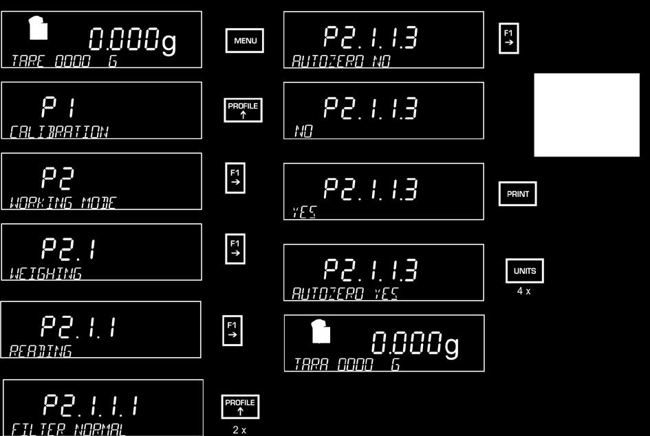 8.3.3 <P2.1.1.3> Funkce Autozero Tato funkce umožňuje automatické tárování malých výkyvů hmotnosti (např. z důvodu drobných nečistot na vážní desce).