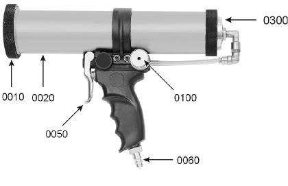 3. Obrázek Poz. Označení Pistole na kartuše 0010 Převlečná matice KP 310 0020 Válec 0050 Ovládací páčka 0060 Vsuvka pro připojení ke stl. vduchu 0100 Regulátor vzduchu 0300 Odvzdušnění 4.