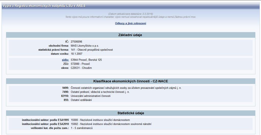 Obrázek 3: Výpis z registru ekonomických subjektů Zdroj: