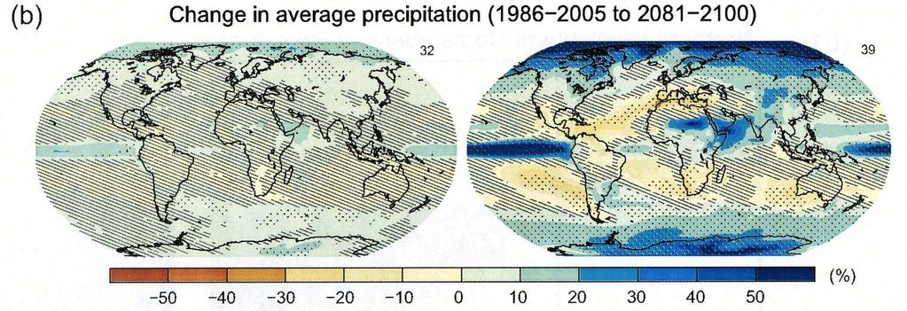 Obr. 4 Změny v průměrných srážkách (1986 2005 až 2081 2100) [Šrafura průměr modelů je malý vzhledem k přirozené vnitřní variabilitě, tj.