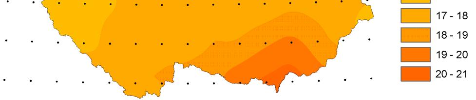 Obr. d.13: Hodnoty 50% kvantilů průměrné měsíční teploty v letním období podle CRU dat za období 1961-1990. Obr. d.14: Hodnoty 50% kvantilů průměrné měsíční teploty v letním období podle modelu HIRHAM za období 1961-1990.