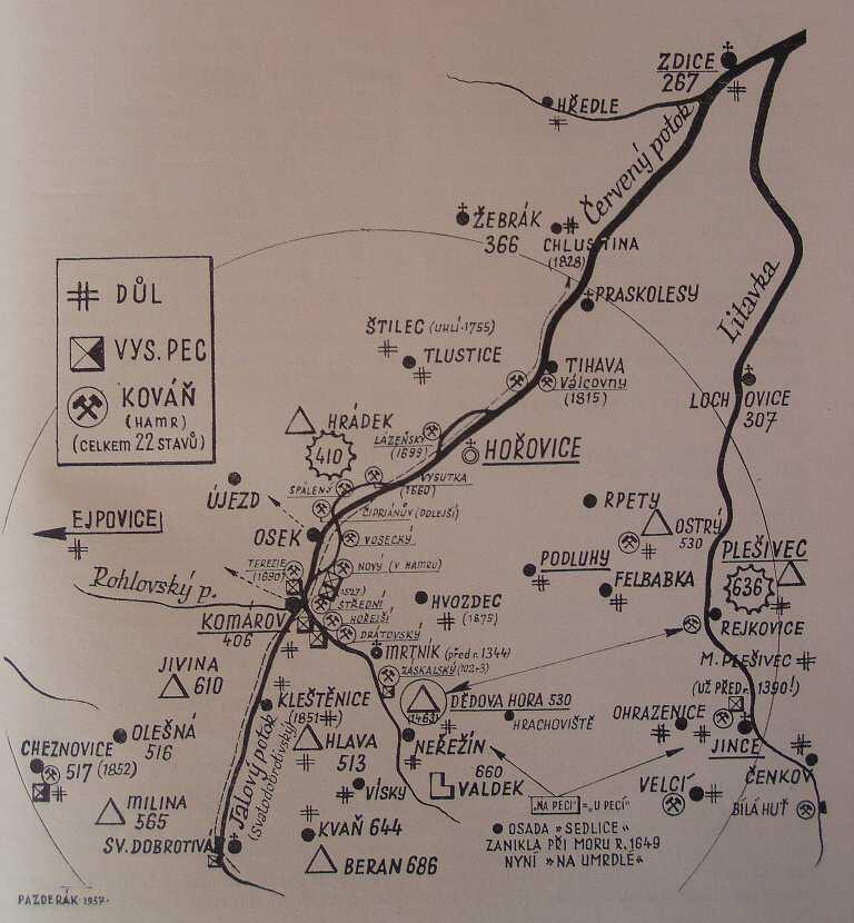 Obrázek 10.2: Hutní a železářská díla komárovskýkch železáren podle hutních map z roku 1800[Pazderák, 1960: 23]. srovnání se současným stavem byl Červený rybník v roce 1839 větší.