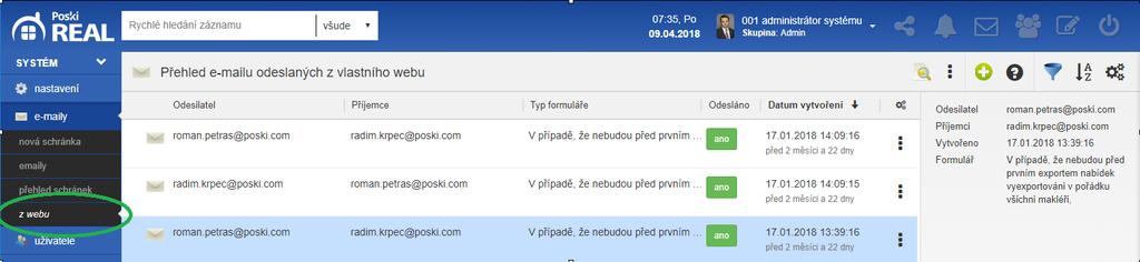 Poski REAL. Přístup k nim máte z menu Emaily > Z webu. Jednoduché a přehledné i k pozdějšímu využití. Akcí Vytvořit akvizici můžete s daným záznamem dále pracovat. 1.12.