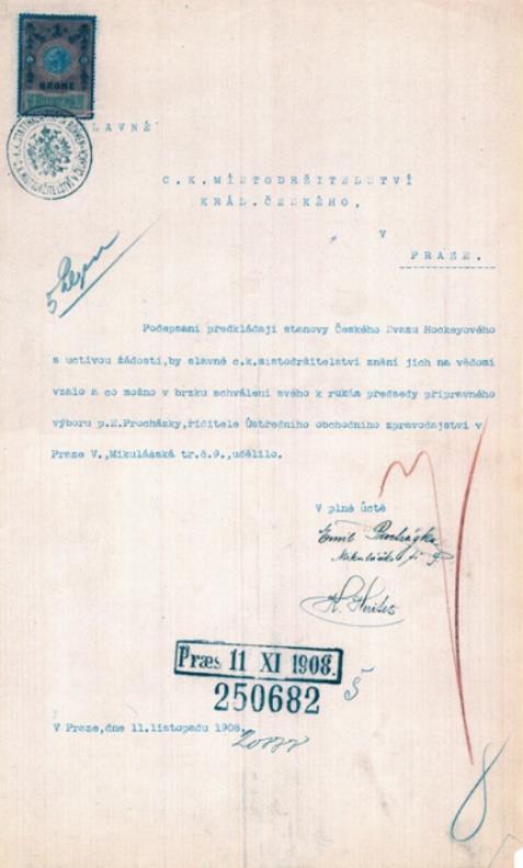 110. VÝROČÍ ČESKÉHO HOKEJE 06. 11. 1908 Schůze přípravného výboru v kavárně U Karla IV. za účasti 12 klubů (Praha, Mladá Boleslav, Vlašim). 19. 11. 1908 C. a k.