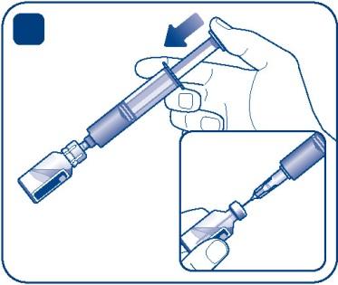 C D Držte injekční stříkačku tak, aby nasazená injekční lahvička s rozpouštědlem byla dnem vzhůru.