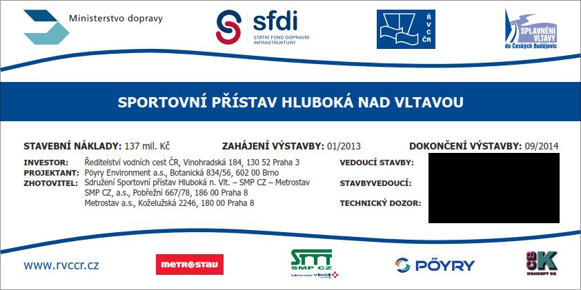 Příloha Publicita Příklady grafického provedení velkoplošného reklamního panelu, pamětní desky a referenčních listů formátu A4 a A0: v r SPORTOVNÍ PŘISTAV HLUBOKÁ NAD VLTAVOU STAVEBNÍ NÁKLADY: 137