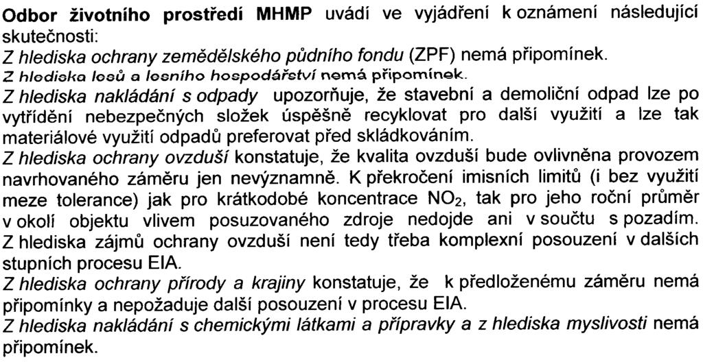 -4- Odbor životního prostøedi MHMP uvádí ve vyjádøení k oznámení následující skuteènosti: Z hlediska ochrany zemìdìlského pùdního fondu (ZPF) nemá pøipomínek.