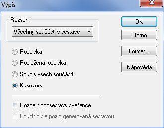 Cvičení: Tvorba výpisu v sestavě Tvorba výpisu kusovníku Kliknutím na tlačítko Nový výpis vytvořte výpis kusovníku. Vyberte možnosti podle obrázku a klikněte na tlačítko Formát.