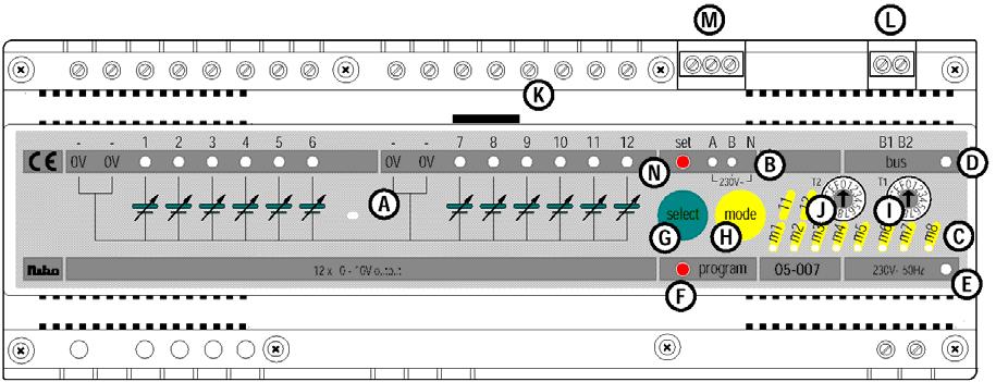 Technické údaje Teplota okolí 0 až 50 C Napájení jednotky 230 V, 5 W 2 svorky, připojovací průřez 4x1,5 mm² nebo 2x2,5 mm² Výstupy: 12 výstupů (analogových) 0/10 V, 2 ma (výstupy nejsou vhodné pro