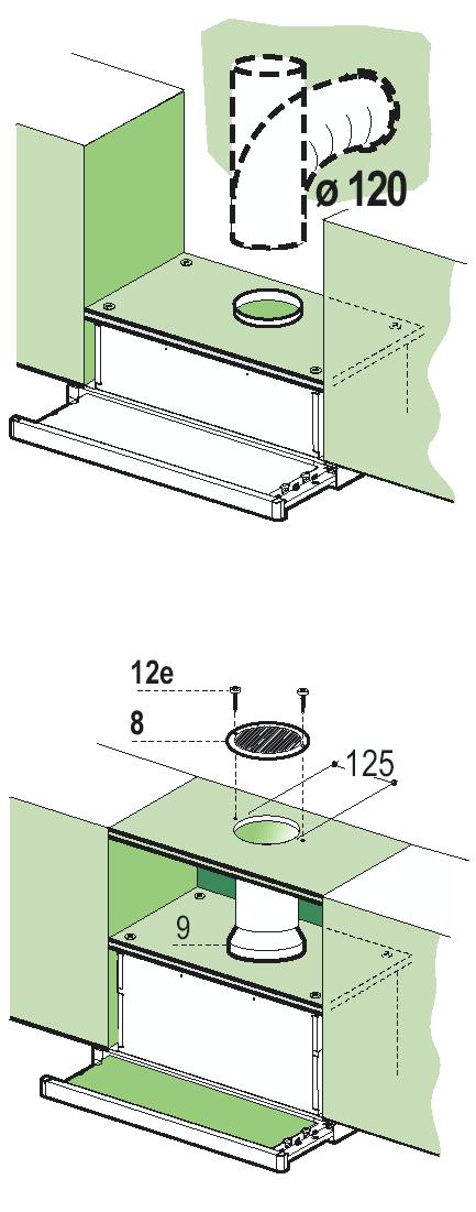 3 Montáž 3.1 Provrtání nosné desky a připevnění odsavače pomocí šroubů Nosná deska odsavače par musí být umístěná 135 mm nad dolní plochou horní kuchyńské skřínky.