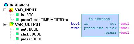 6.2 Funkční blok fb_button1 Knihovna : icontrollib Funkční blok fb_button1 slouží k vyhodnocení krátkých a dlouhých stisků tlačítka, které je připojeno na běžný binární vstup PLC systému.