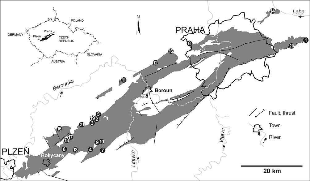 Folia vol. 47, No. 1-2, 2013 Figure 1. Sketch map of the Prague Basin relic and positions of the described localities. Location of the Prague Basin (black) in the Czech Republic (left up).