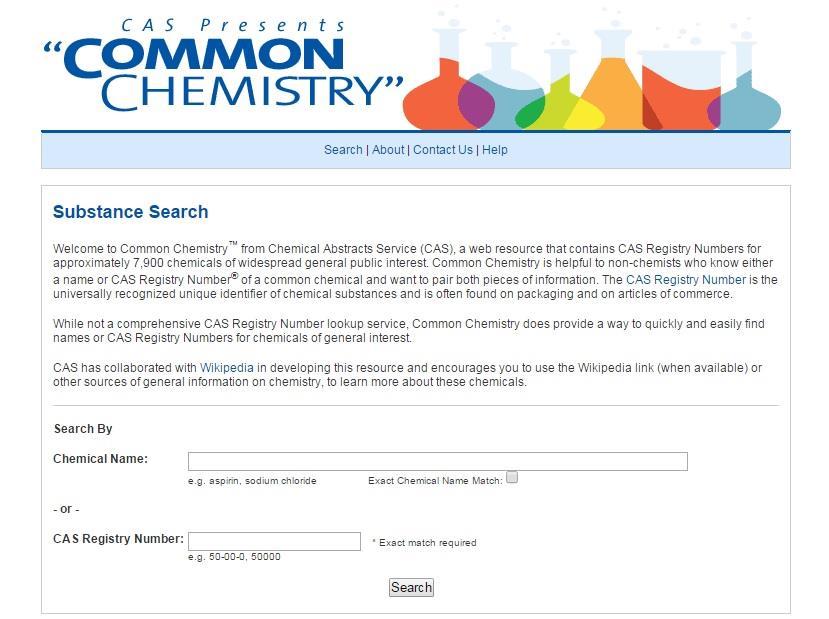 Obrázek 4: Úvodní strana Common Chemistry [Common Chemistry, 2015] CAS při výrobě tohoto produktu spolupracoval s volně dostupnou databází Wikipedie a pokud uživatele zajímají podrobnější informace o