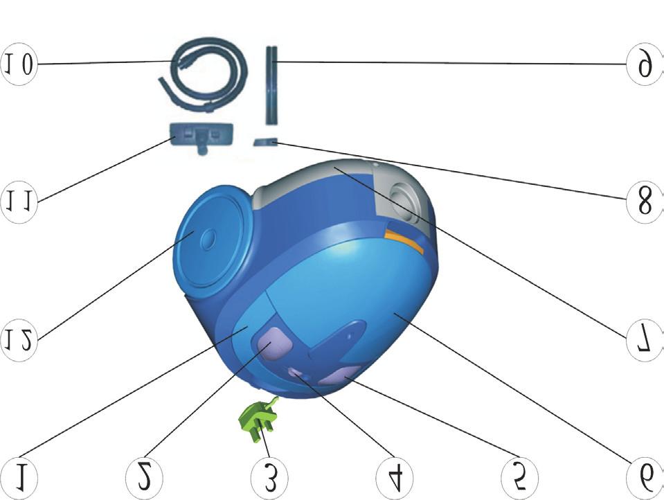 POPIS VÝROBKU 1. Rukoväť 2. Spínač / vypínač 3. Zástrčka napájacieho vodiča 4. Regulátor výkonu 5. Tlačidlo zvinutia vodiča 6. Veko 7. Plášť 8. Štrbinová hubica/kefa 9. Teleskopická trubica 10.