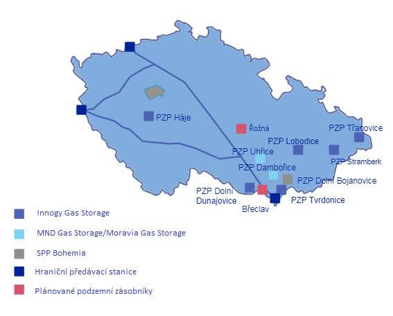 Obr 5.: PZP provozované na území ČR (NET4GAS). Podzemní zásobníky jsou zde provozovány soukromými společnostmi.