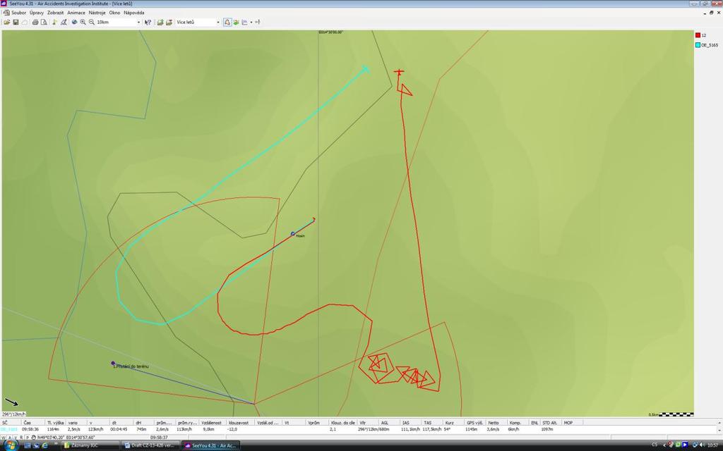 Příloha 1 Zákres trajektorie letu kluzáku LAK 12 a OE-5165 (ve vleku za